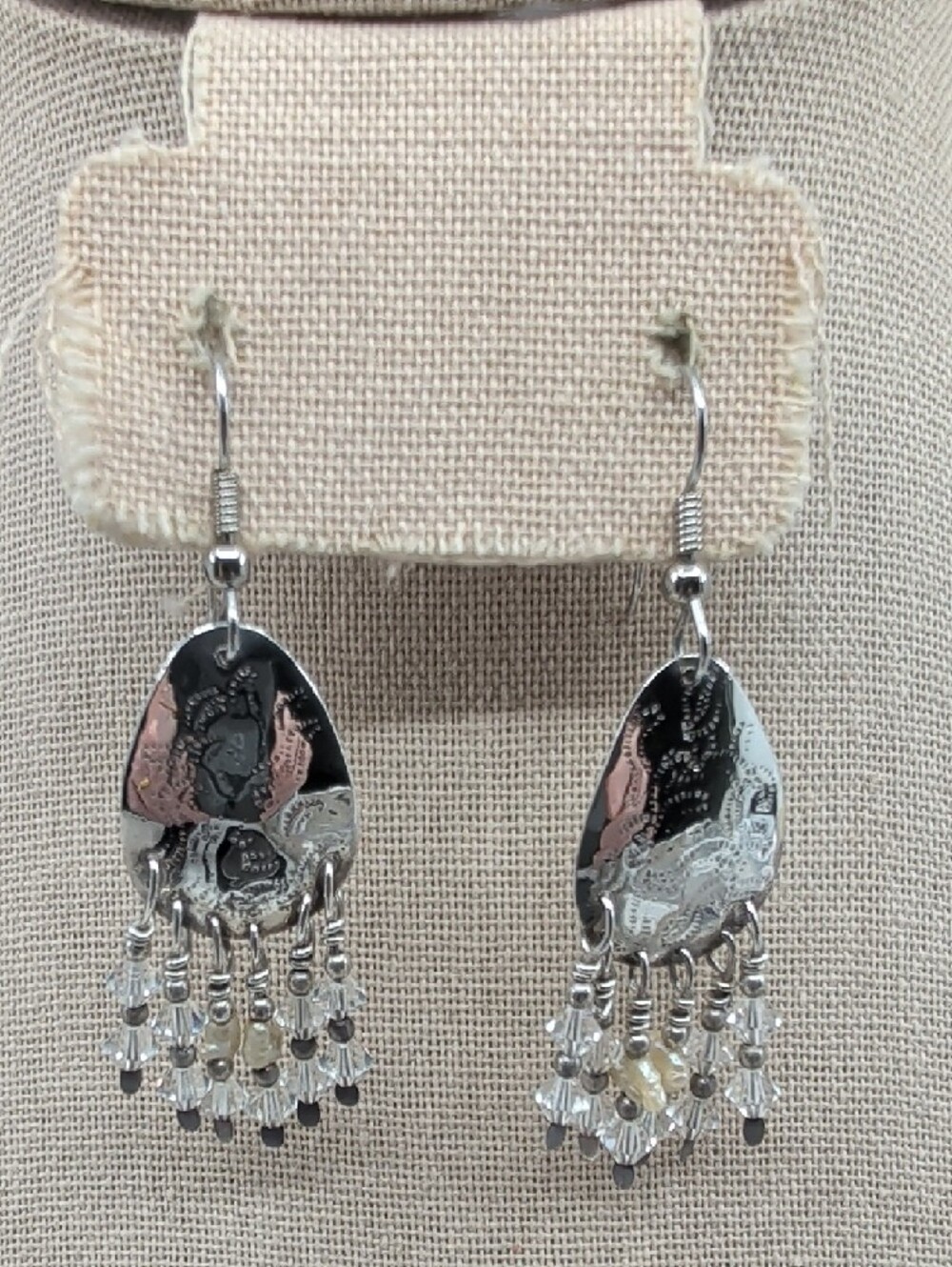 Vintage Artisan Hammered Silver Chandelier Earrings Crystal Bead Fringe 2.5" - Picture 7 of 17